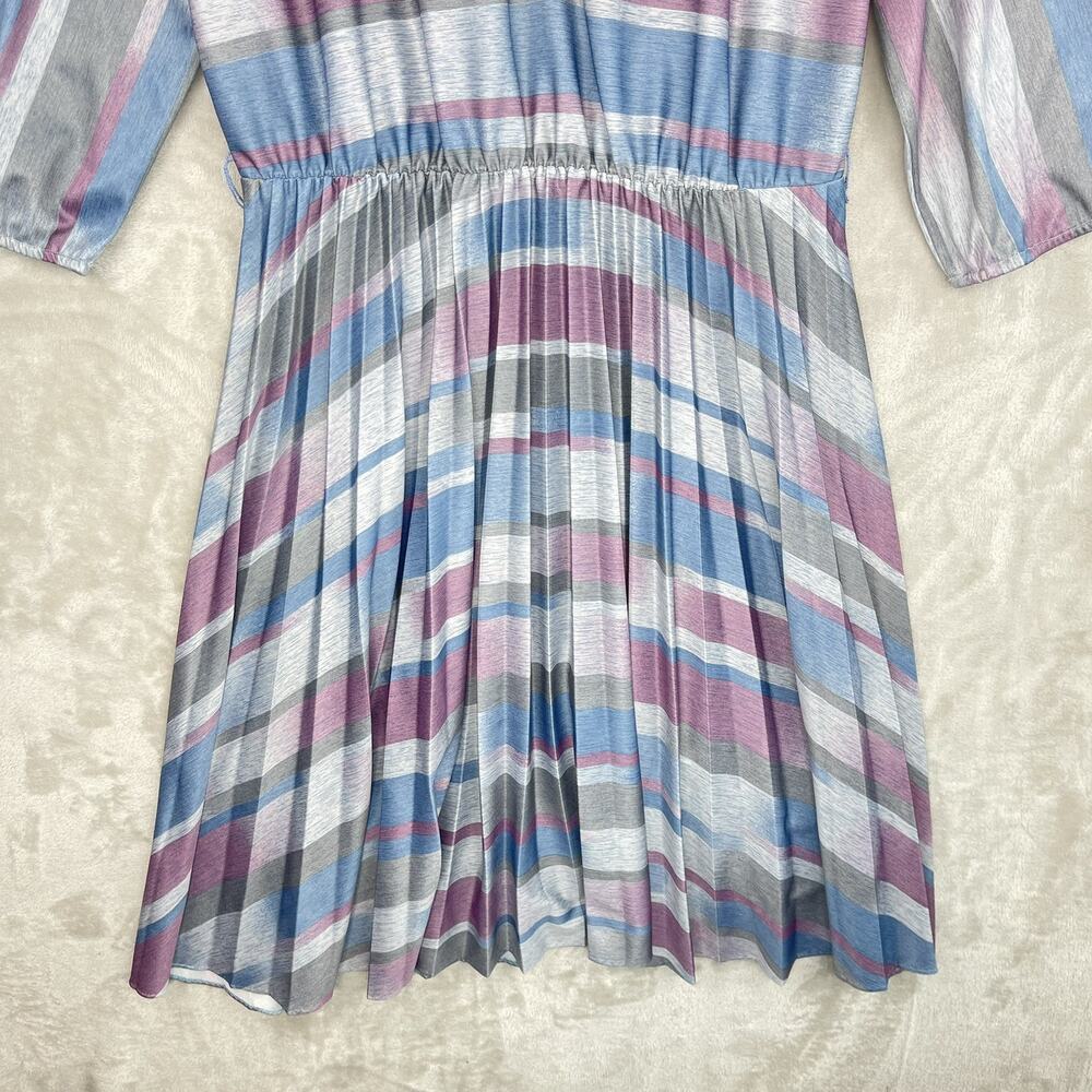 Vtg 80s Cue Fashions Striped Pleated Midi Dress Size 16.5 Large Retro Glamoratti - Picture 3 of 16